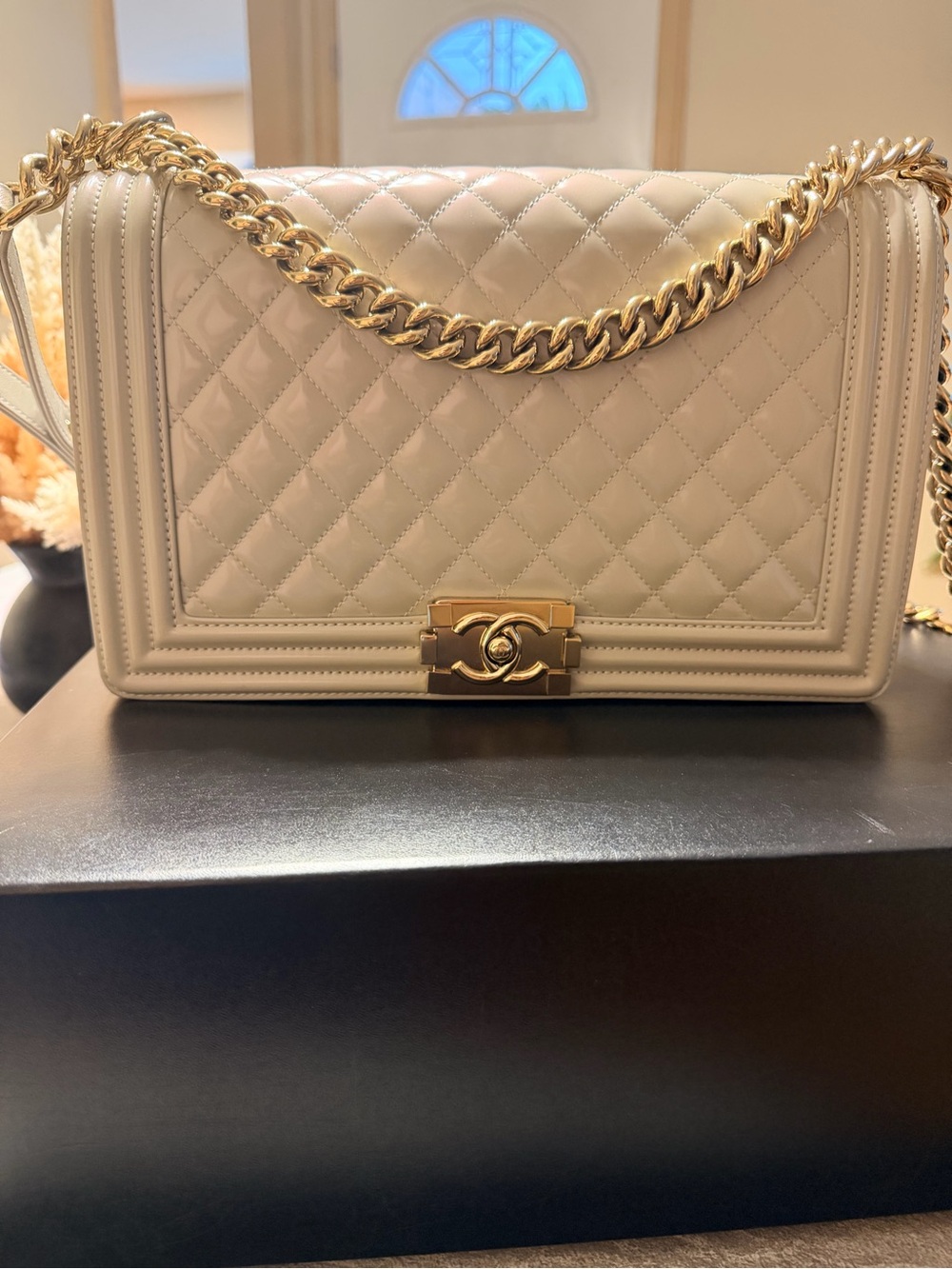 CHANEL Beige Quilted Shoulder Bag with Gold Chain
